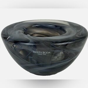 Kosta Boda Signed Smoke Gray Swirl Glass Art Votive Tealight Holder Sweden
